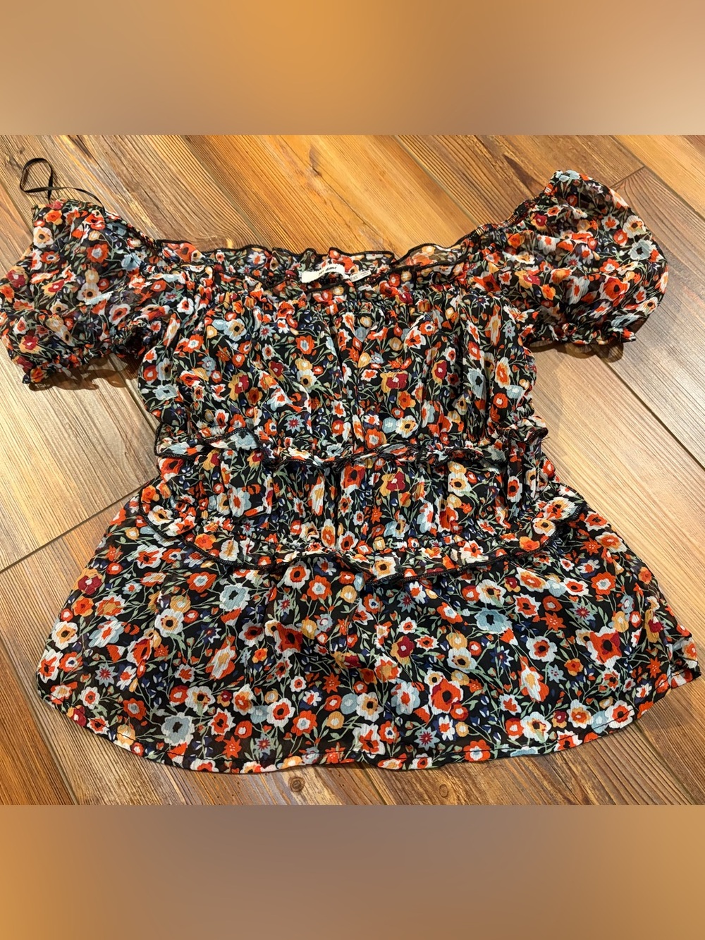 WILA Black Floral Off-Shoulder Tiered Dress with Orange and Light Blue Blooms